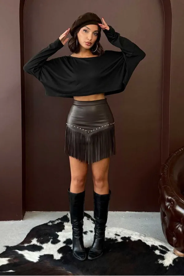 Western Style Tassel Mini Leather Skirt - BURGUNDY | F2041