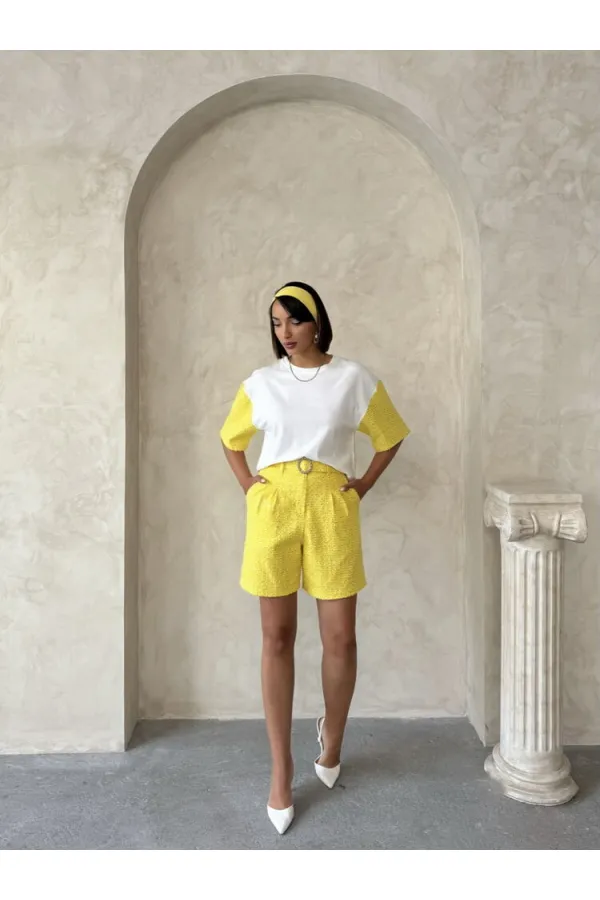 Kol Detaylı Toptan Şort - Sarı | Topshow
