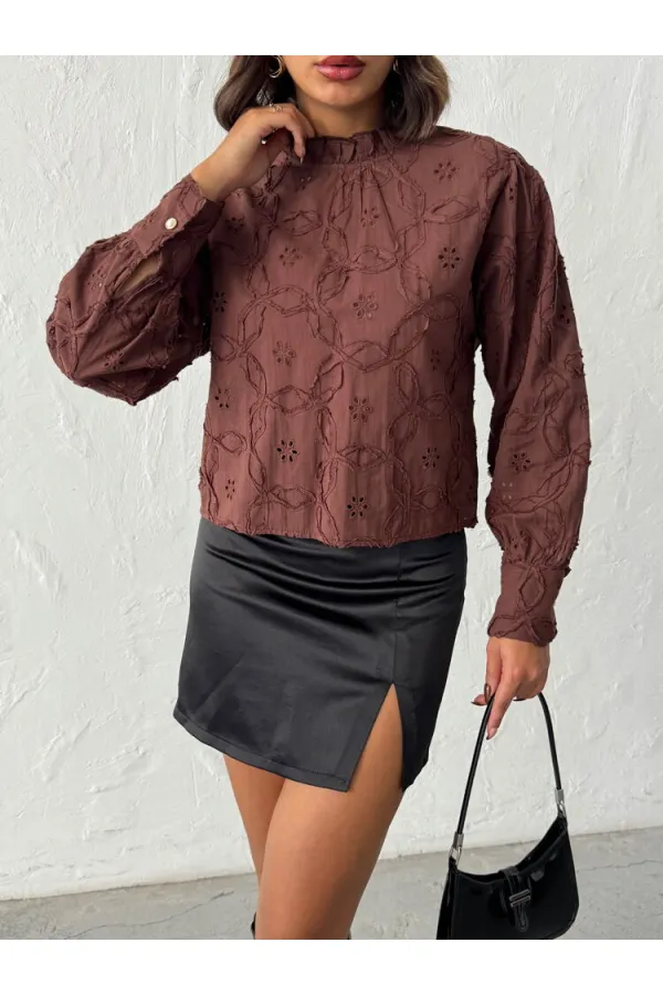 Topshow - Wholesale Embroidered Long Sleeve Women's Blouse - Stylish and Modern - Brown