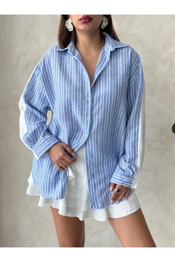 Çizgili Keten Gömlek - Açık Mavi | Topshow | F1917