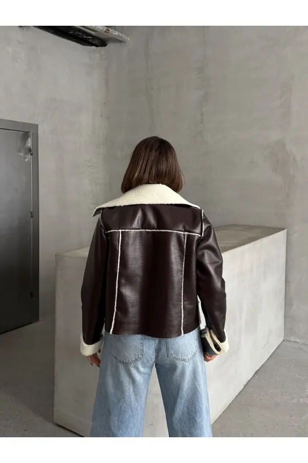 Manteau zippé en cuir laminé - Crème café | TOPSHOW | F1511