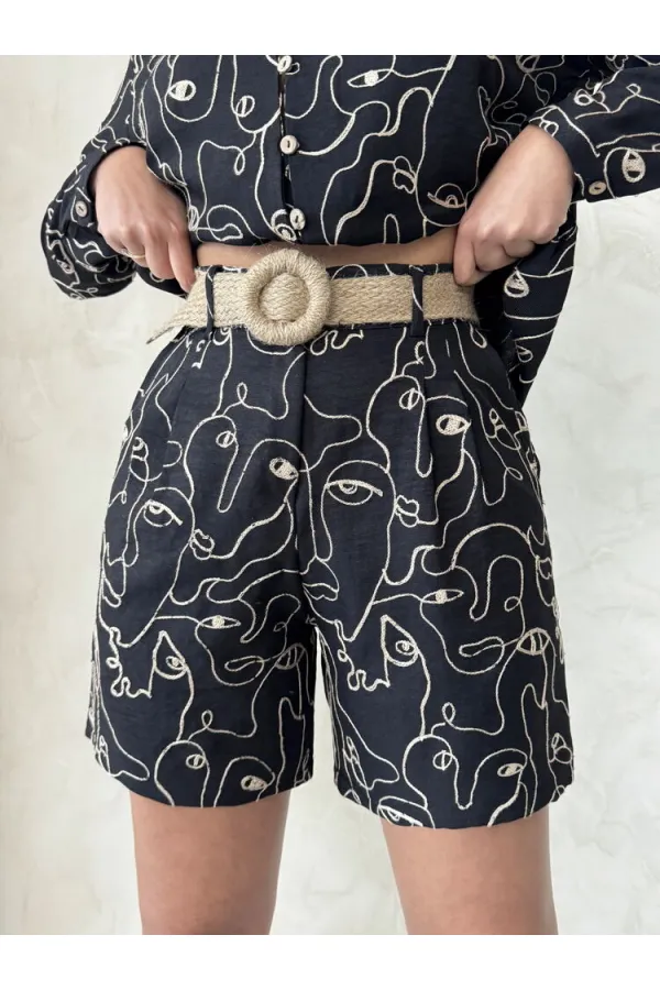 Nakışlı Toptan Şort - Siyah | Topshow