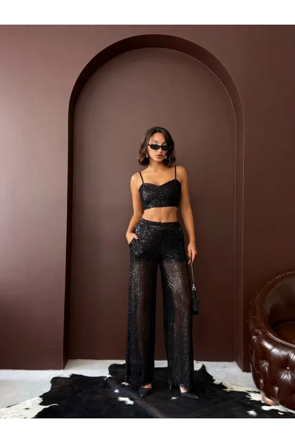 Topshow - Wholesale Sequined Wide Leg Women's Trousers - Stylish Night Outfit - Black