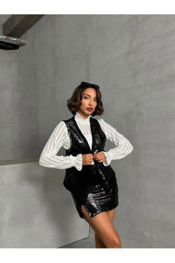 Pullu Toptan Yelek - Siyah Gümüş | TOPSHOW | F1750