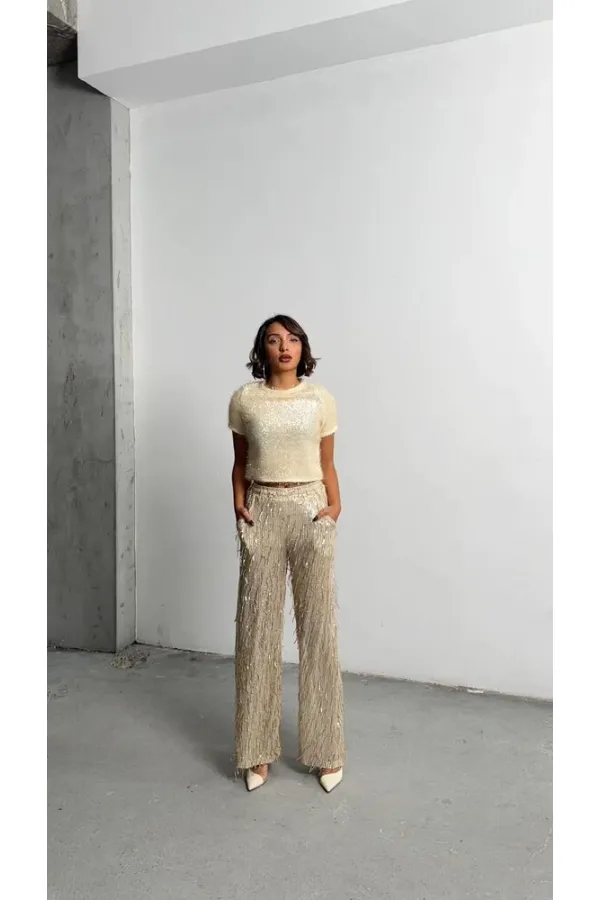 Simli Saçaklı Toptan Bluz - Krem | TOPSHOW | F1832