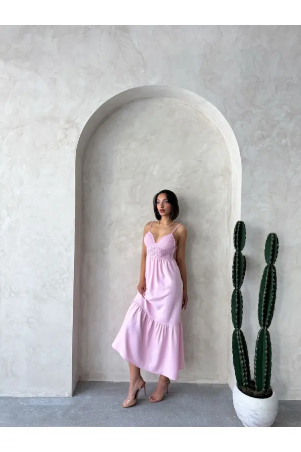 Robe longue en lin à bretelles et col en V - Rose | Topshow