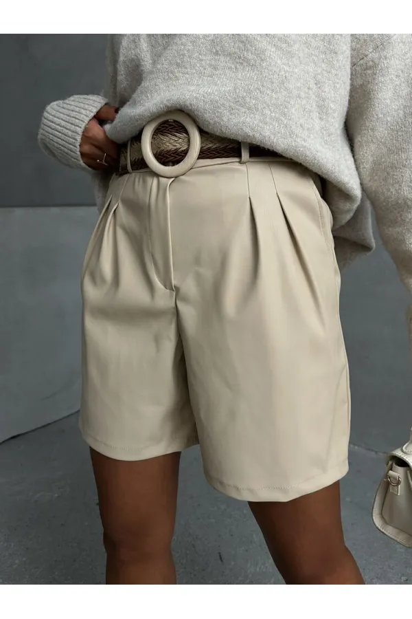 Belted Leather Wholesale Shorts - Stone | TOPSHOW | F1497