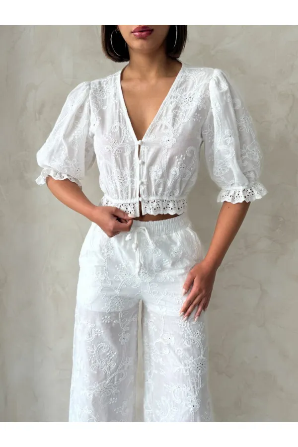 Wholesale Cream Blouse with Embroidered Scallop Detail | Topshow