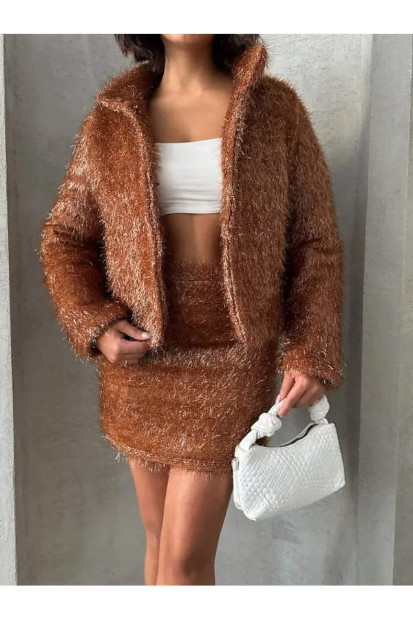 Simli Saçaklı Toptan Mont - Kahve | TOPSHOW | F1838