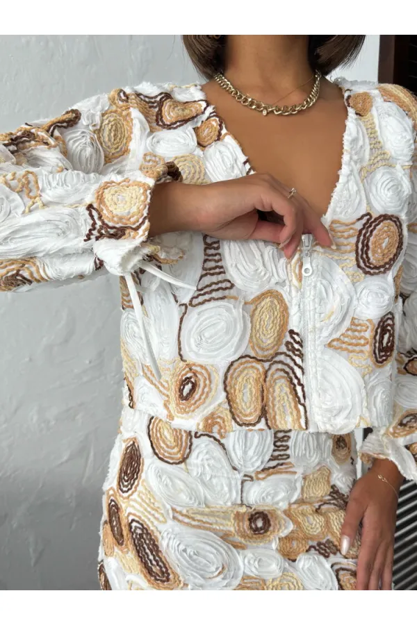 Topshow Wholesale V-Neck Patterned Long Sleeve Blouse – Brown | F1965