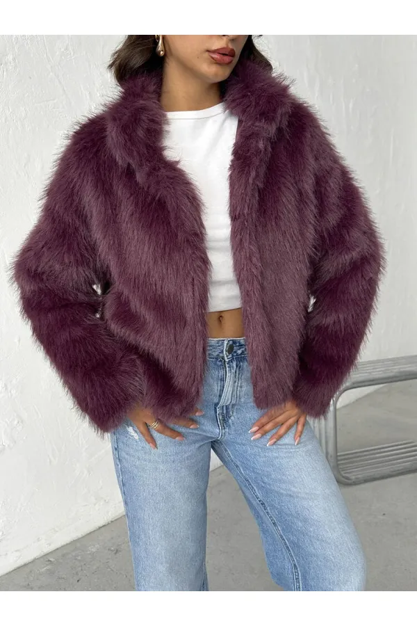 Topshow - Toptan Suni Kürk Kadın Mont - Mürdüm