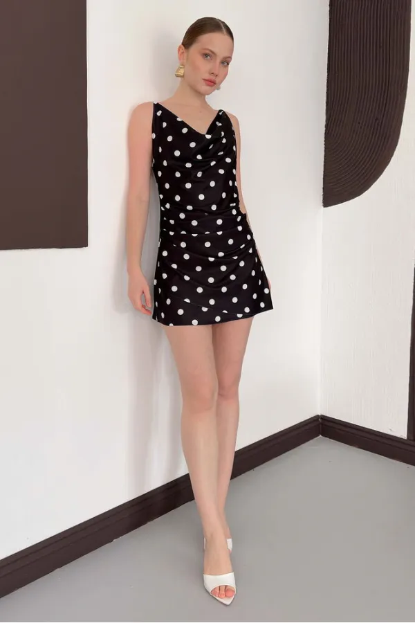 Puantiye Baskılı Elbise - Siyah Krem | D3024 Topshow