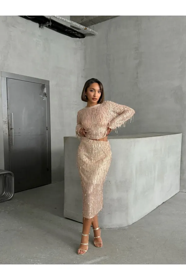 Tüy Pullu Toptan Etek - Taş Gold | TOPSHOW | F1621