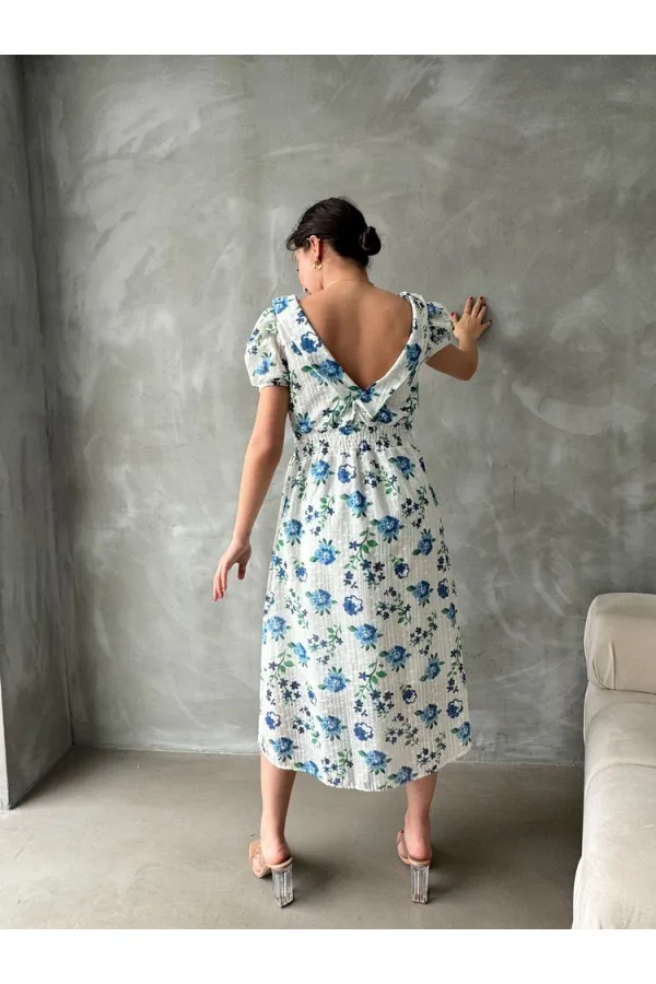 Topshow Mavi Brode Detaylı Desenli Toptan Elbise