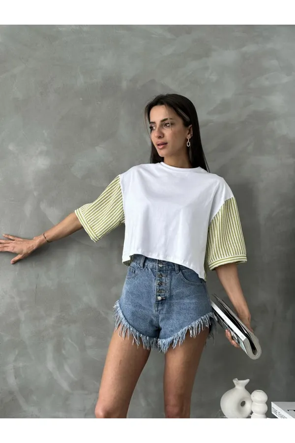 Topshow Fıstık Yeşili Çizgili Poplin Kollu Toptan T-Shirt