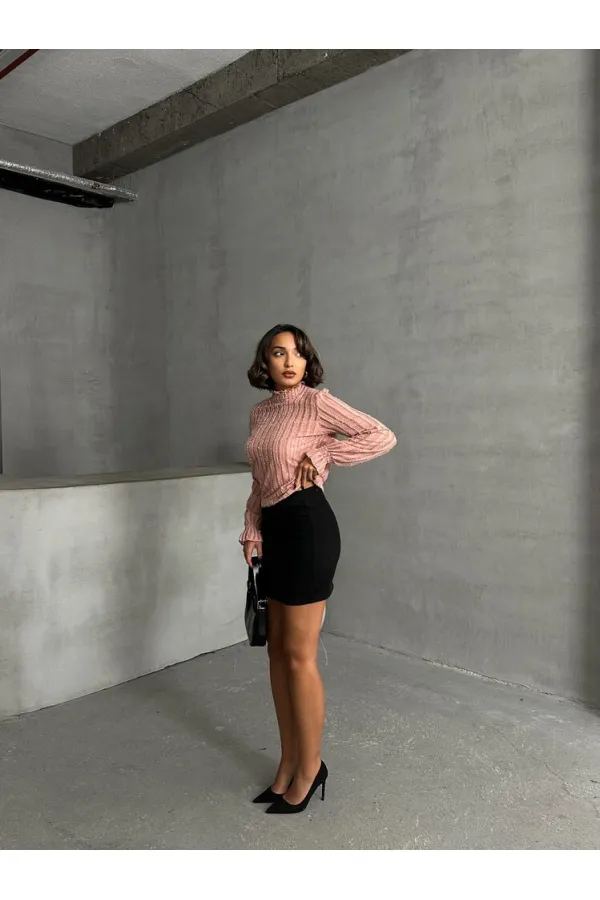 Simli Sakallı Toptan Bluz - Pudra | TOPSHOW | F1852