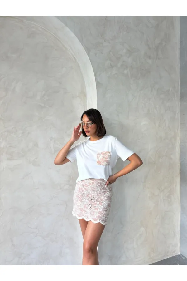 Cep Detaylı Tişört - Krem Pudra | Topshow