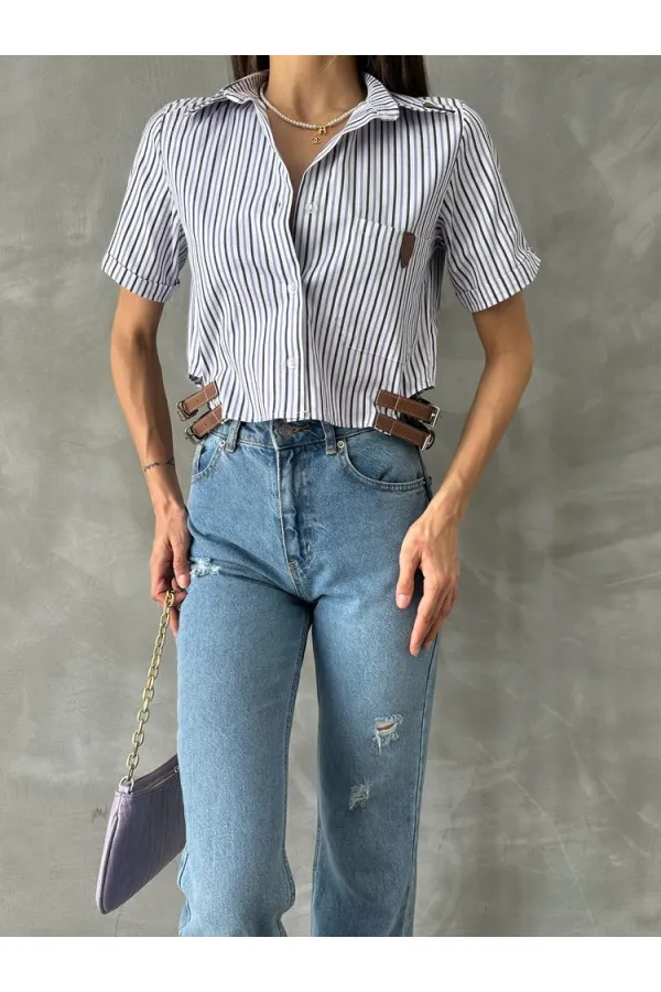 Topshow Mixed Belt Detailed Striped Wholesale Shirt