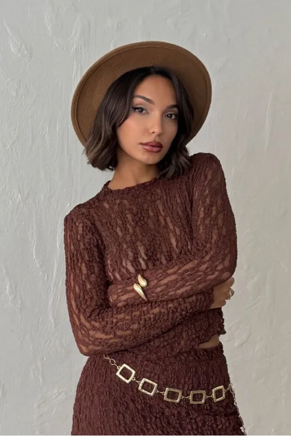 Brown Long Sleeve Transparent Wholesale Blouse | Topshow | F1886