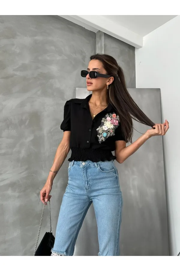 Topshow Black Floral Chest Linen Wholesale Shirt