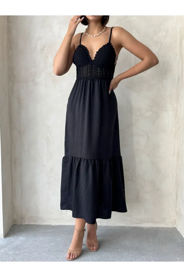 Robe longue Topshow en lin noir à bretelles et col en V, vente en gros