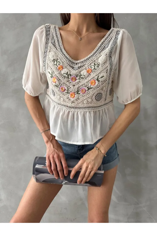 Topshow Stone Gray Embroidered Wholesale Blouse