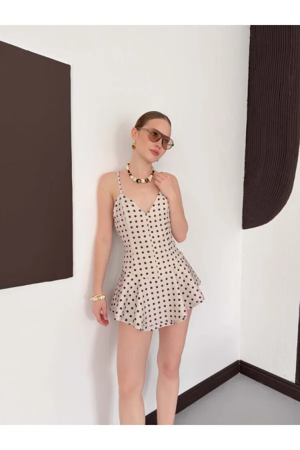 D3003  PUANTİYELİ ASKILI MİNİ ELBİSE - TAŞ KAHVE