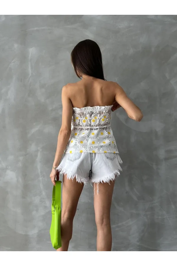 Daisy Patterned Wholesale Bustier - Cream | TOPSHOW