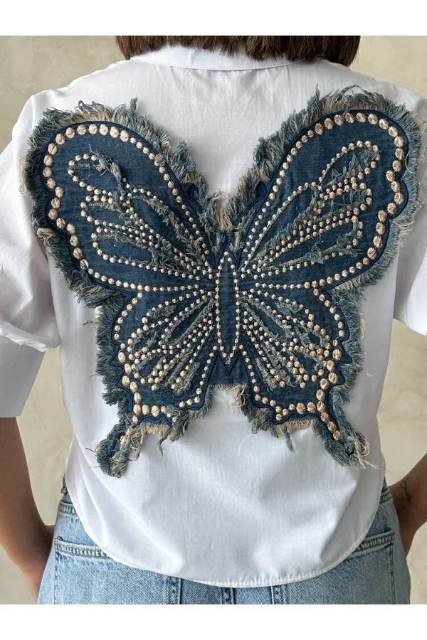 Arkası Kelebek Detaylı Toptan Gömlek - Beyaz | Topshow