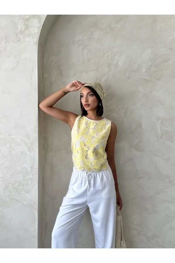 Dantel Kolsuz Bluz - Sarı | Topshow