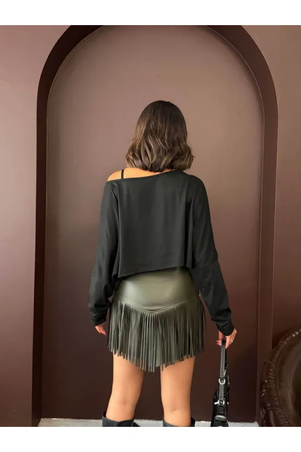 Jupe courte en cuir à franges style western Topshow - Kaki (vente en gros) | F2041