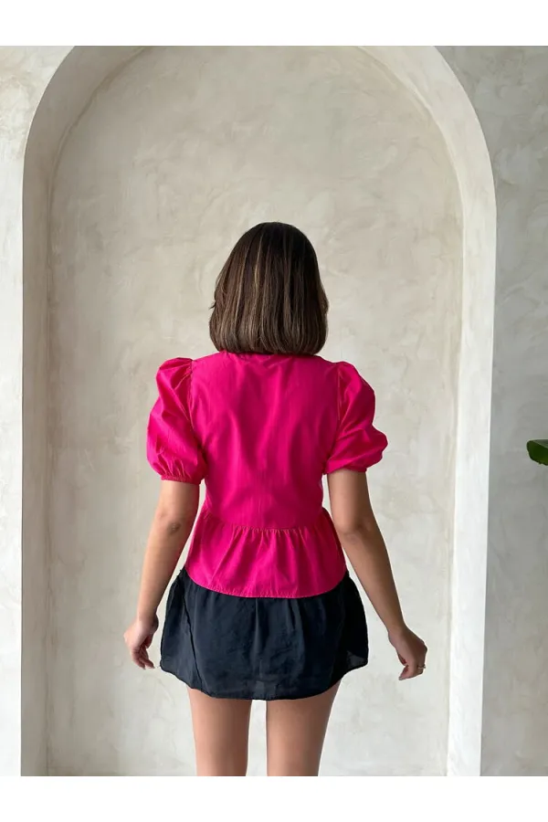Topshow Fuşya Önden Bağlamalı Poplin Toptan Bluz