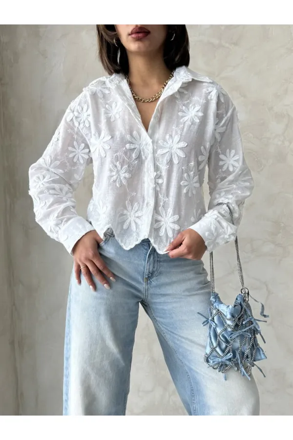 Nakışlı Gömlek - Krem | Topshow | F1932