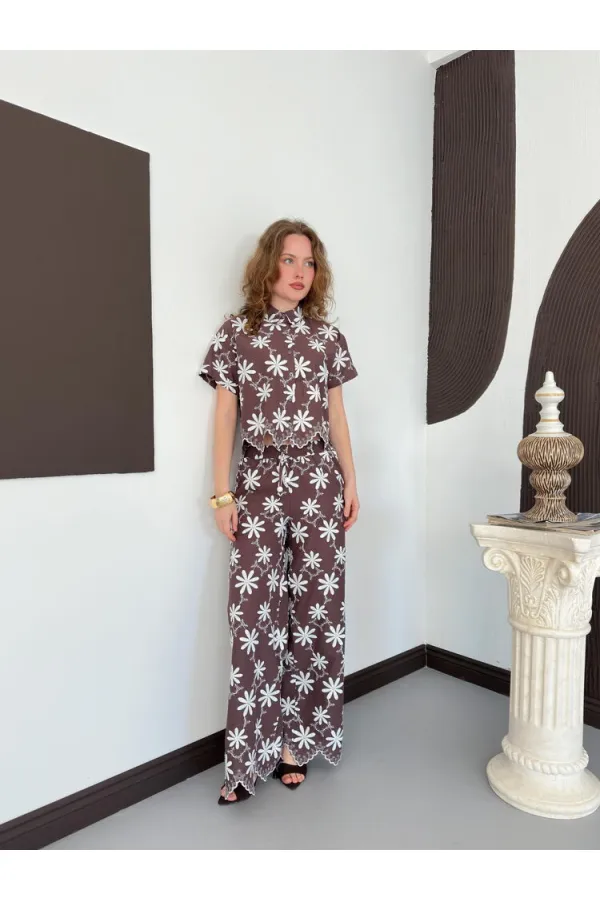 D 2913 EMBROIDERED TROUSERS - BROWN D 2913 EMBROIDERED TROUSERS - BROWN