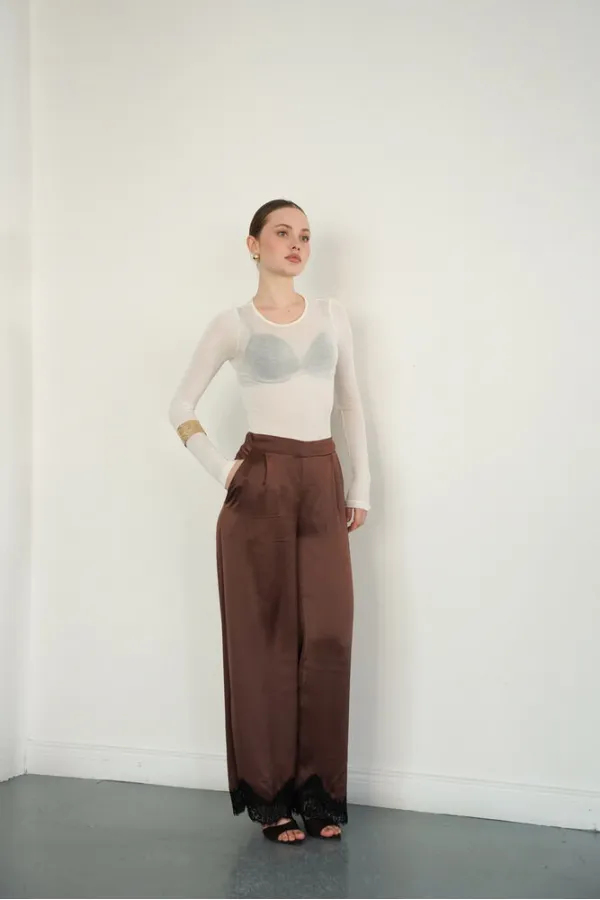 Wholesale Satin Trousers with Lace Hem - Coffee | D2969 - Topshow