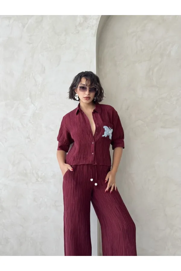 Chemise plissée à motif papillon en gros - Rouge bordeaux | Topshow