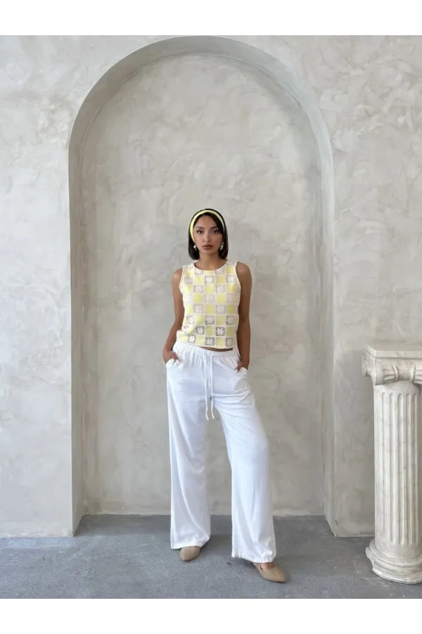 Kolsuz Dama Desen Tığ İşi Toptan Bluz - Sarı | Topshow