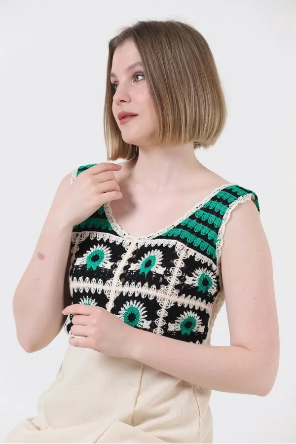 Robe Topshow en lin à bretelles et application de pierres émeraude