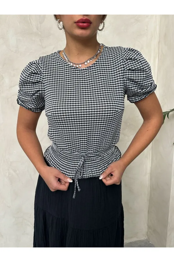 Blouse Topshow noire à carreaux imprimée taille haute, vente en gros