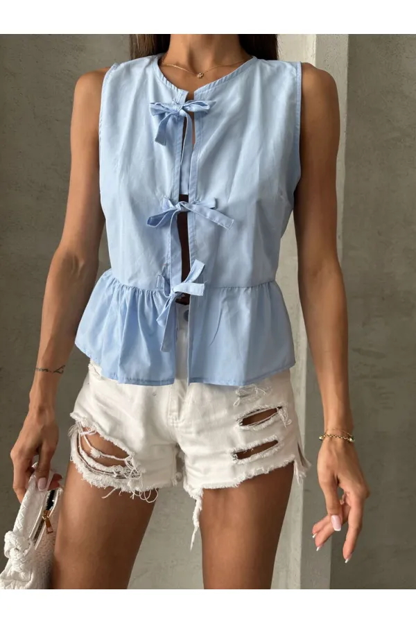Topshow Mavi Önden Baglamalı Toptan Bluz