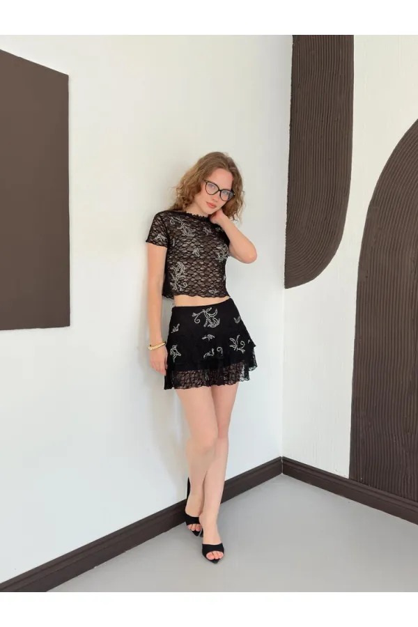 D 2996 EMBELLISHED LACE SKIRT - BLACK D 2996 EMBELLISHED LACE SKIRT - BLACK
