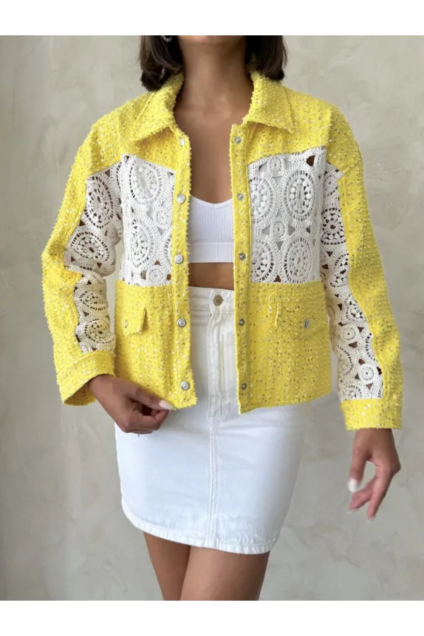 Dantel Detatlı Kot Ceket - Sarı | Topshow | F1758