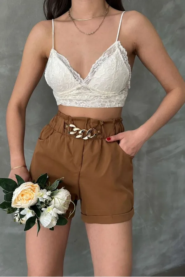 Topshow Bitter Coffee Waistband with Looped Pocket Wholesale Shorts