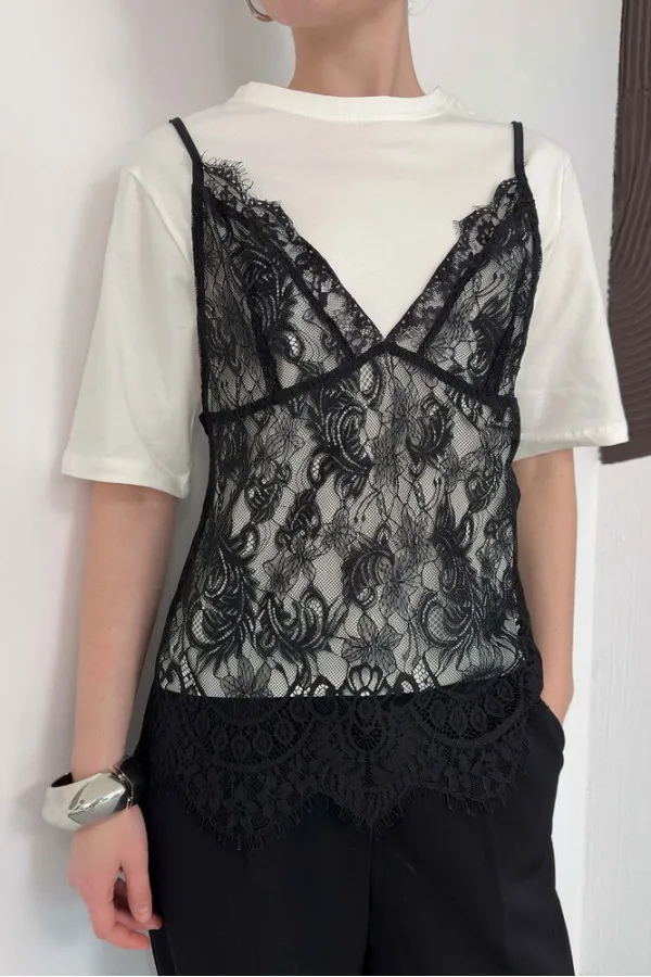 Penye Tunik Üstü Dantel Kısa Elbise - Krem | D3009 Topshow