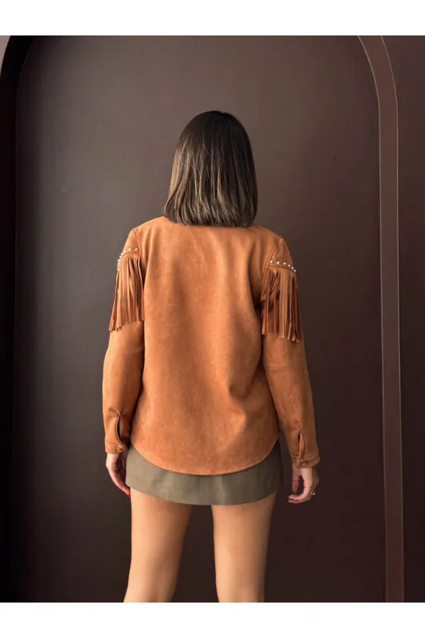 Chemise Topshow à franges en daim scuba - Beige | F2029