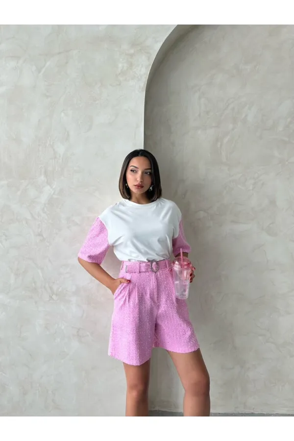 Kol Detaylı Tişort - Pembe | Topshow