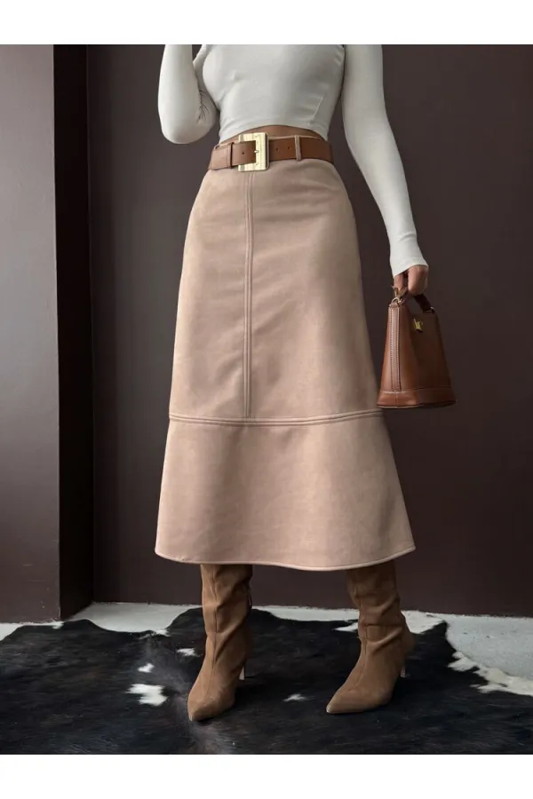 Topshow Scuba Suede Skirt - Mink | F2004