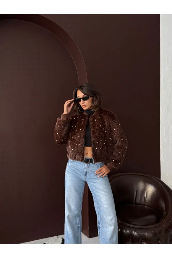 Topshow - Veste bomber en fausse fourrure (vente en gros) - Détails perles - Marron