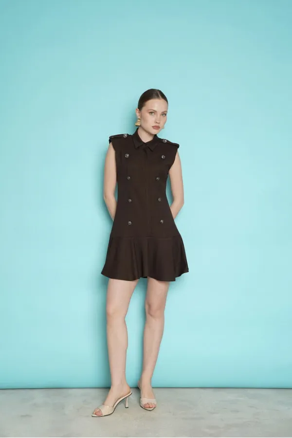 Sleeveless Mini Wholesale Dress with Shoulder Epaulets - Brown | D2974 - Topshow