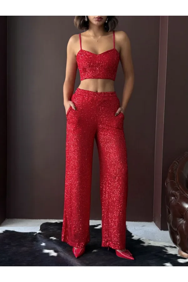 Topshow - Wholesale Sequined Wide Leg Women's Trousers - Elegant Night Outfit - Red